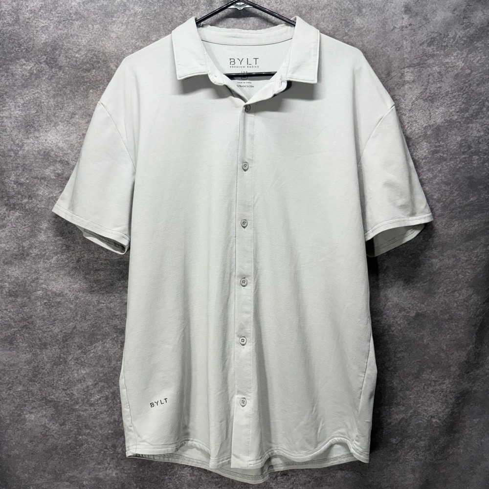 BYLT Premium Basics LUX Short Sleeve Button Up Shirt Mens XL Light Gray Stretch